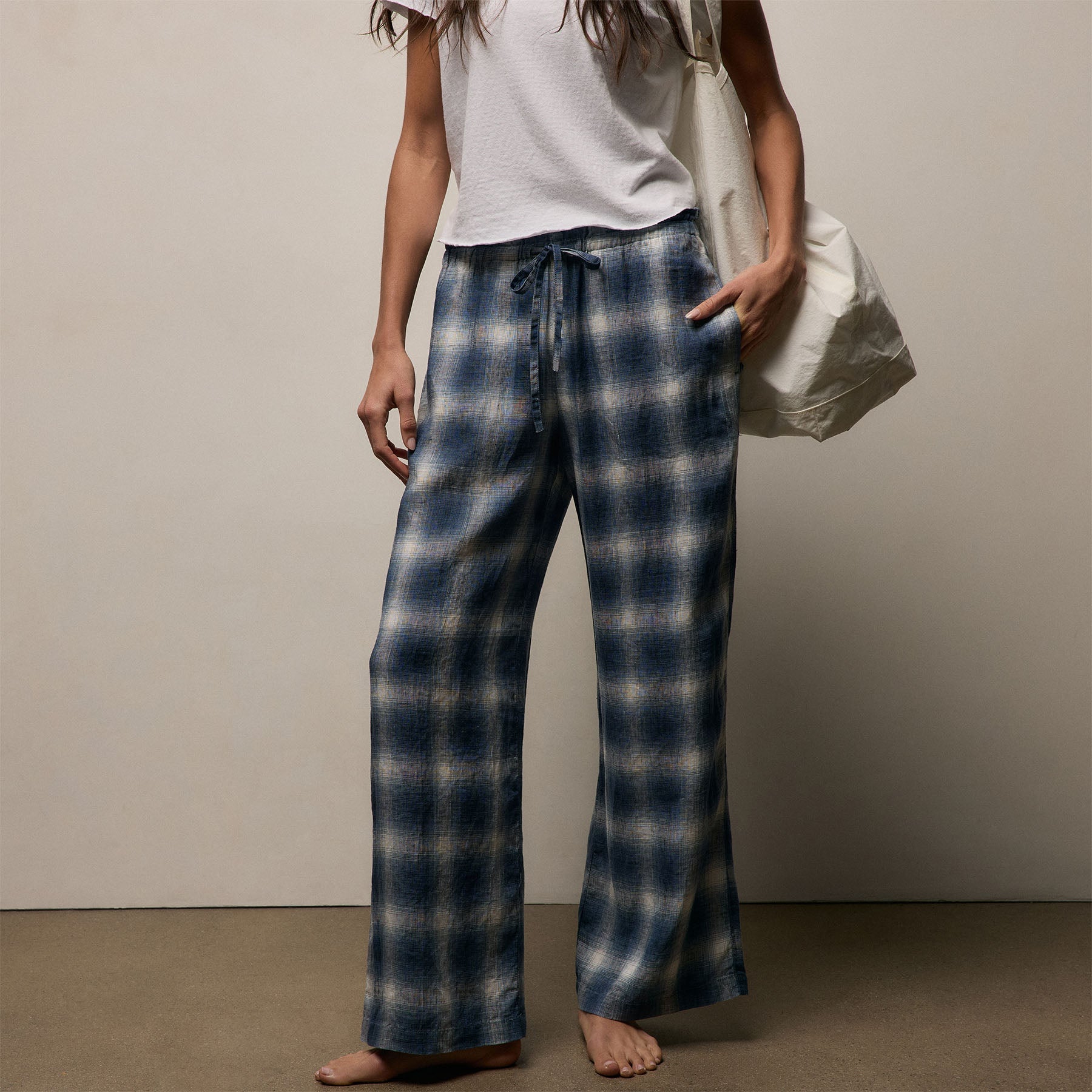 Pantalon de plage en lin à carreaux – Bleu